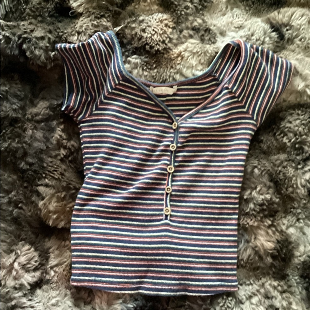 Striped Ribbed Button Front Top in Navy and Multicolor